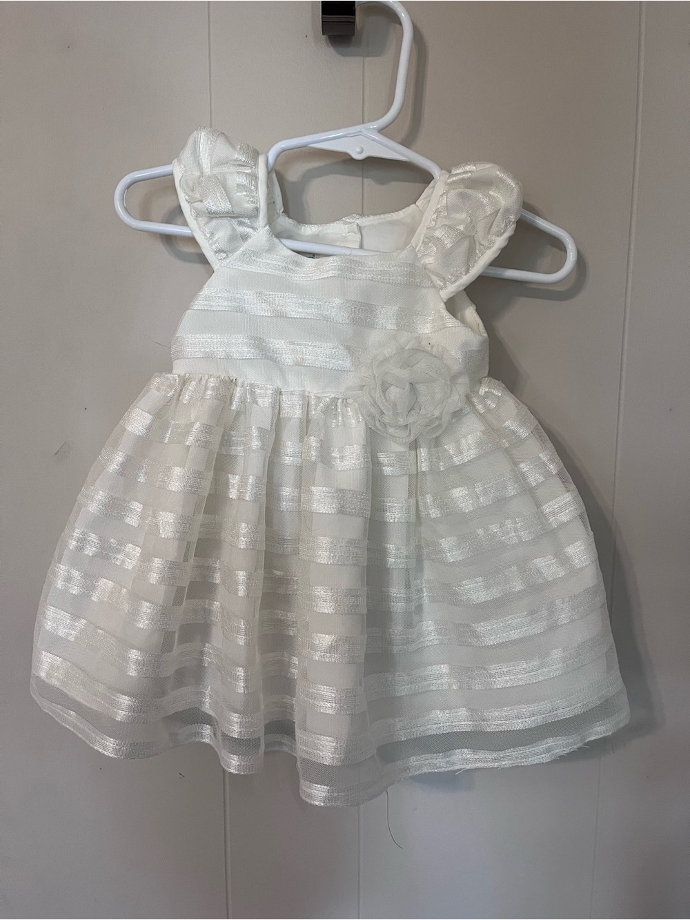 White Floral Accent Girls' Party Dress with Striped Organza